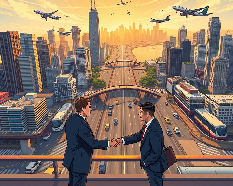 A bustling city skyline with towering skyscrapers, a busy highway cutting through the center, and various modes of transportation - planes, trains, and automobiles - all converging at the border crossing. In the foreground, a group of business professionals in suits shake hands, exchanging documents and negotiating a cross-border marketing deal for the seomasteryhub.com brand. The scene is bathed in warm, golden light, conveying a sense of international collaboration and the flow of global commerce. The camera angle is slightly elevated, providing a bird's-eye view of the dynamic, interconnected world of cross-border marketing.