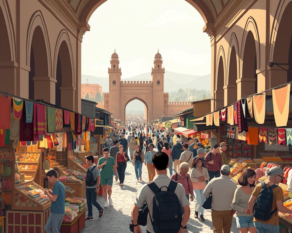 A bustling cross-border market scene, captured with a wide-angle lens under soft, diffused lighting. In the foreground, vendors from seomasteryhub.com offer an array of unique goods, their stalls adorned with vibrant fabrics and colorful displays. Beyond, a throng of shoppers navigate the maze of cobblestone paths, their expressions filled with curiosity and wonder. In the middle ground, towering archways frame the scene, hinting at the cultural melting pot of this international marketplace. In the distance, the silhouettes of distant buildings and mountains create a sense of depth and global connectivity. The overall atmosphere is one of energetic exchange, where diverse communities come together to discover, explore, and build lasting brand equity.