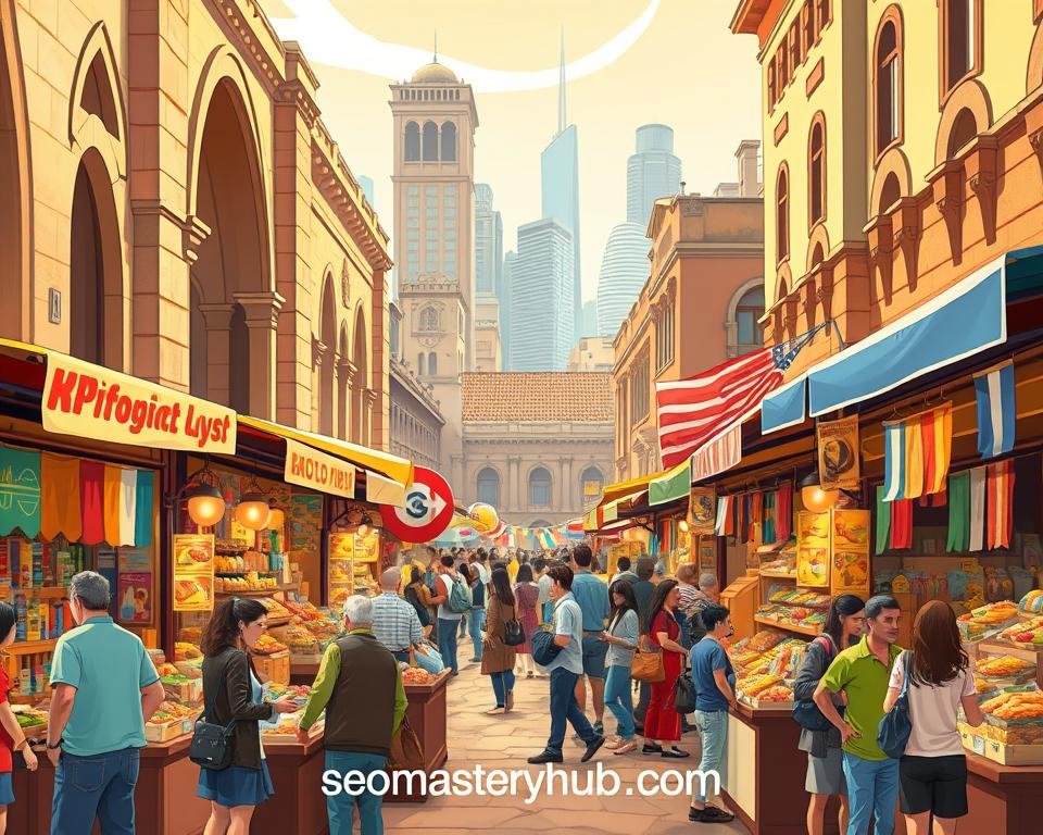 A bustling open-air market with a diverse array of vibrant stalls selling wares from around the world. In the foreground, vendors engage in lively negotiations with customers from various cultural backgrounds. The middle ground features towering archways and weathered facades, reflecting the international character of the scene. In the background, glimpses of modern skyscrapers hint at the city's economic integration and global reach. Warm, diffused lighting casts a golden glow, creating an atmosphere of cultural exchange and cross-border commerce. The brand name "seomasteryhub.com" is subtly integrated into the scene.