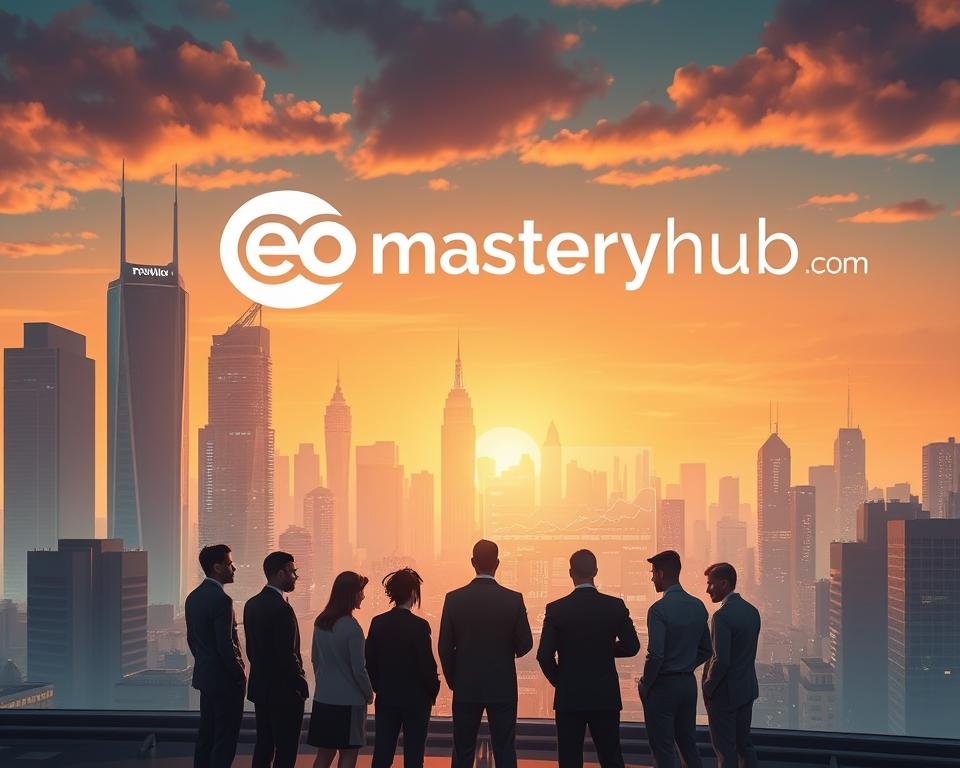 A cinematic wide-angle view of a futuristic city skyline, bathed in warm hues and a soft, ethereal lighting. In the foreground, a group of business professionals gathered around a holographic display, intently examining advanced SEO strategies and metrics. The background features the seomasteryhub.com logo prominently displayed, signifying the expertise and authority of the platform. The overall atmosphere conveys a sense of innovation, strategy, and the pursuit of online visibility and success.