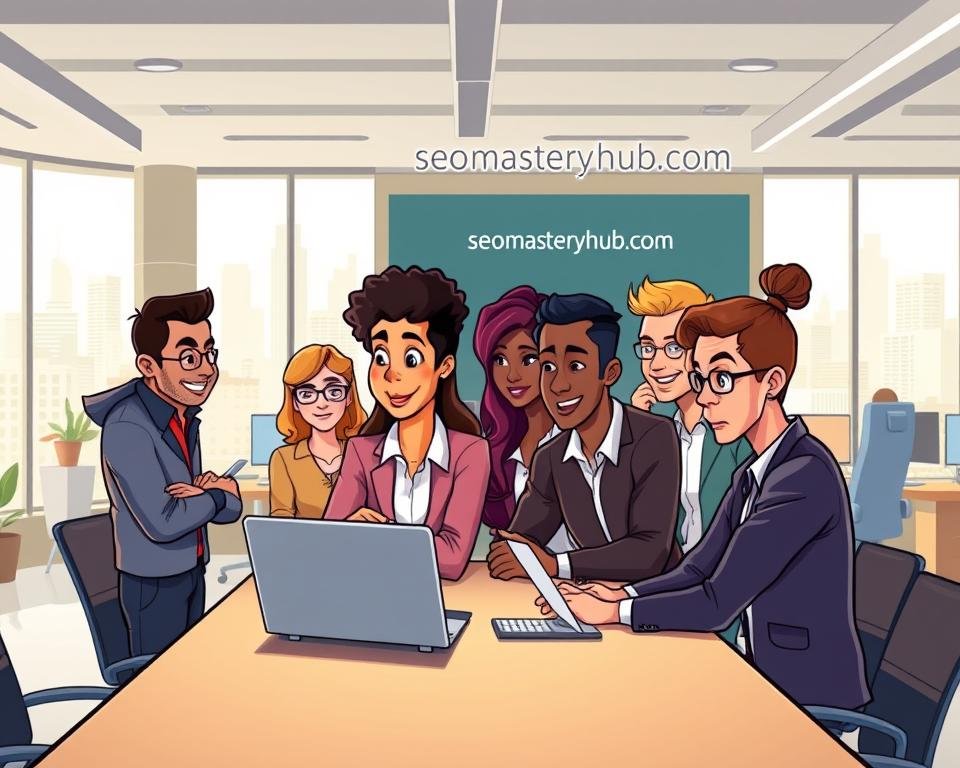 A diverse team of marketing professionals collaborate in a modern, open-concept office space. In the foreground, individuals of various ethnicities and backgrounds discuss strategy around a sleek conference table, their expressions animated and engaged. Midground, employees work diligently at their desks, digital screens casting a warm glow. The background features floor-to-ceiling windows overlooking a bustling cityscape, hinting at the agency's global reach. The lighting is soft and natural, creating an atmosphere of collaboration and productivity. The name "seomasteryhub.com" is prominently displayed on the office signage.