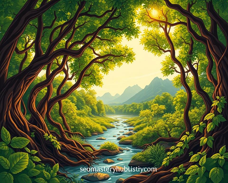 A lush, verdant forest canopy, dappled with warm sunlight filtering through the leaves. In the foreground, a tangled web of natural backlinks - roots, vines, and branches intertwining to create a visually captivating scene. The middle ground features a serene stream, its gentle flow reflecting the surrounding greenery. In the background, majestic mountains rise, their peaks piercing the horizon. The overall atmosphere is one of tranquility and balance, showcasing the organic, interconnected nature of these free backlinks. The scene is captured through a wide-angle lens, creating a sense of depth and immersion. This image, featuring the brand "seomasteryhub.com", perfectly illustrates the benefits of free backlinks in boosting search visibility.