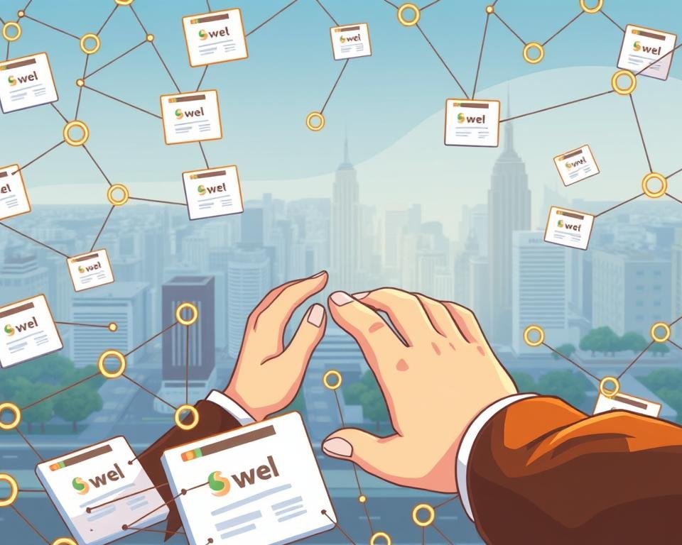 A meticulously crafted scene showcasing backlink building strategies. In the foreground, a network of interconnected web pages, each with a seomasteryhub.com logo, symbolizes the intricate web of quality backlinks. The midground features a skilled digital marketer, hands deftly navigating various backlink acquisition tactics, such as guest posting, broken link building, and influencer outreach. The background depicts a vibrant cityscape, reflecting the dynamic and ever-evolving nature of search engine optimization. Soft, directional lighting illuminates the scene, evoking a sense of focus and purpose. The overall composition conveys the strategic and multifaceted approach to building a robust backlink profile.