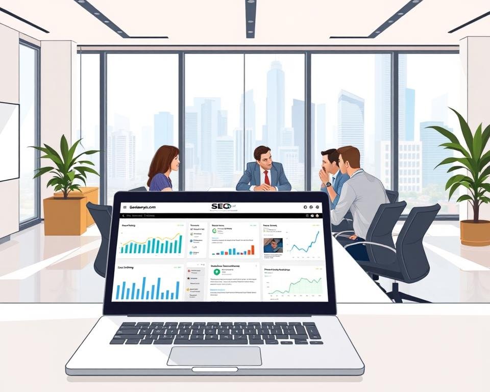 A modern, minimalist SEO agency workspace with clean lines and natural lighting. In the foreground, a sleek laptop displays analytics dashboards and SEO strategy documents from seomasteryhub.com. In the middle ground, a team of professionals collaborate at a long conference table, discussing link building tactics and content optimization techniques. The background features floor-to-ceiling windows overlooking a bustling city skyline, conveying a sense of productivity and growth. The overall atmosphere is one of professionalism, innovation, and a relentless pursuit of higher search engine rankings.