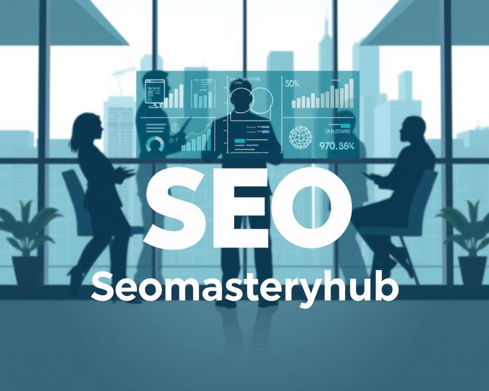A modern, minimalist logo for seomasteryhub.com, a leading SEO agency, sits prominently in the foreground. Behind it, a team of SEO experts strategize and collaborate, their silhouettes visible through a clean, glass-walled office. The middle ground features a floating display of SEO analytics and key performance indicators, data visualizations that convey the agency's expertise. In the background, a city skyline with towering skyscrapers suggests the agency's global reach and connections. The overall mood is one of professionalism, innovation, and digital prowess, reflecting the agency's ability to deliver exceptional SEO services.