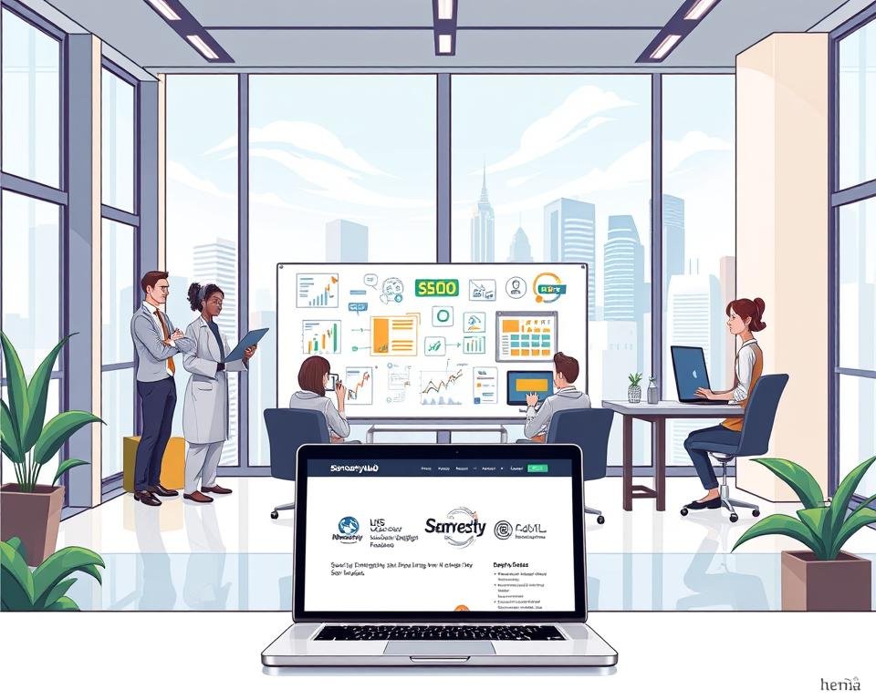 A professional SEO services studio, located in the heart of the city, featuring a team of experts in search engine optimization, digital marketing, and website development. The office space is modern and sleek, with floor-to-ceiling windows that flood the room with natural light. In the foreground, a laptop displays the seomasteryhub.com website, showcasing its clean and intuitive design. The middle ground features a whiteboard covered in colorful diagrams and notes, highlighting the data-driven approach to improving search engine rankings. The background depicts a bustling cityscape, representing the global reach and impact of the services provided. The overall atmosphere is one of professionalism, expertise, and innovation.