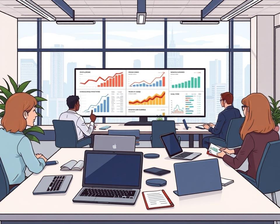 A professional and modern SEO agency office environment, filled with strategic plans, analytics dashboards, and collaborative teamwork. In the foreground, a seomasteryhub.com team reviewing search engine ranking strategies on a large monitor, with laptops and notepads spread out on a sleek, minimalist desk. The middle ground features a team meeting, with employees brainstorming SEO tactics and discussing website optimization. In the background, large windows provide natural lighting and a cityscape view, conveying a sense of productivity and progress. The mood is focused, efficient, and forward-thinking, capturing the essence of a top-tier SEO agency delivering exceptional services.