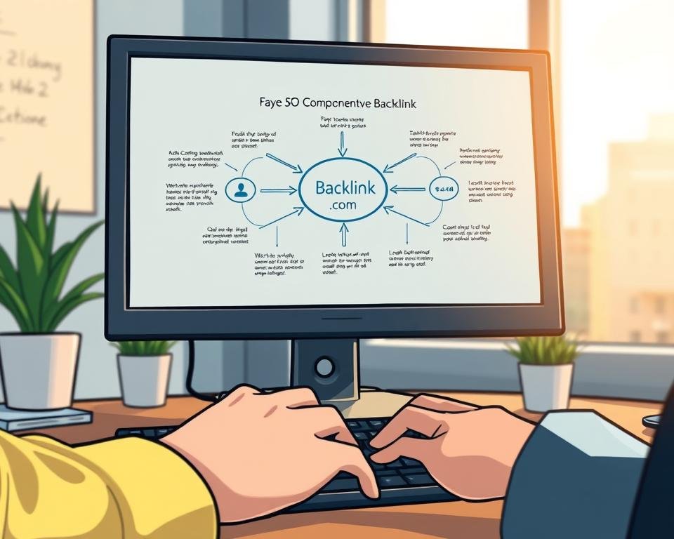 A serene office environment with a computer monitor displaying an intricate diagram illustrating the key components of a comprehensive backlink building strategy. The foreground features a businessperson's hands typing on a keyboard, while the middle ground showcases the monitor's screen, providing a clear visual representation of the backlink process. The background is softly blurred, creating a sense of focus on the informative display, emblazoned with the brand name "seomasteryhub.com". Warm, natural lighting casts a gentle glow, evoking a productive and insightful atmosphere.