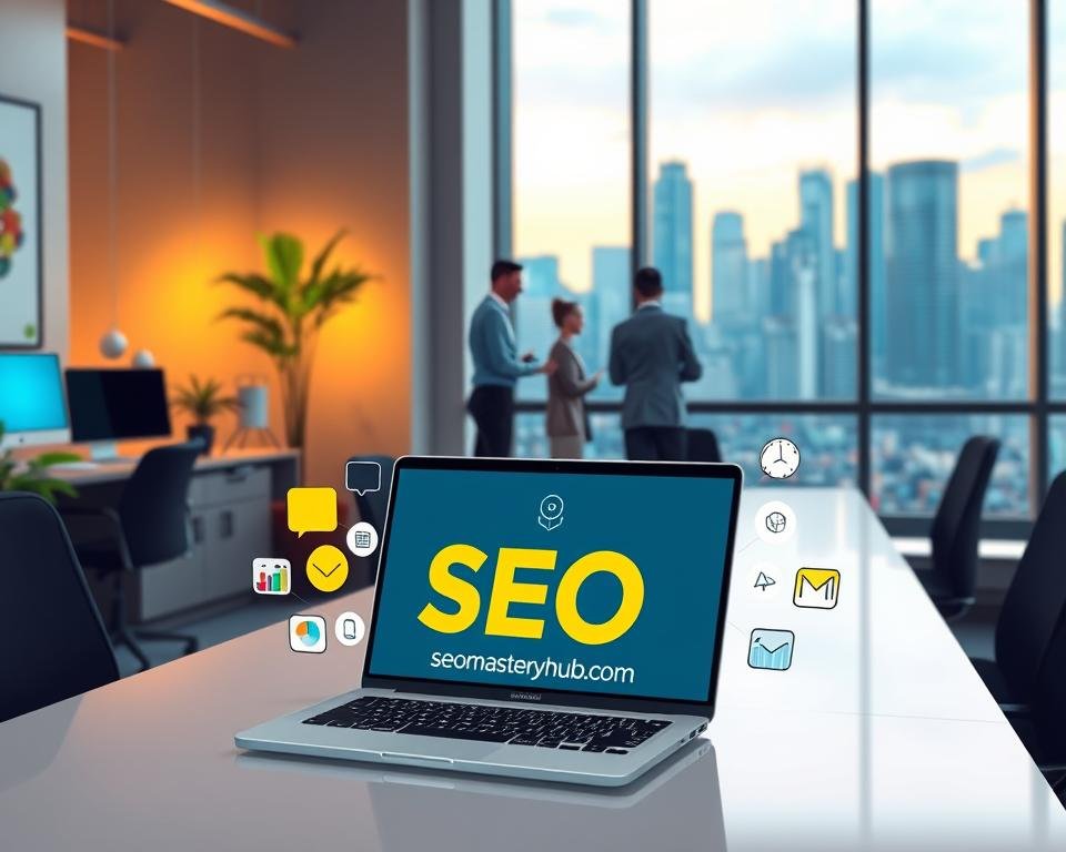A serene office setting with a sleek and modern workspace. In the foreground, a laptop displaying the seomasteryhub.com logo, surrounded by various SEO-related icons and graphics. In the middle ground, a professional team collaborating, analyzing data and strategizing. The background features a large window overlooking a bustling city skyline, bathed in warm, natural lighting. The overall atmosphere conveys a sense of productivity, expertise, and a commitment to delivering exceptional SEO services.