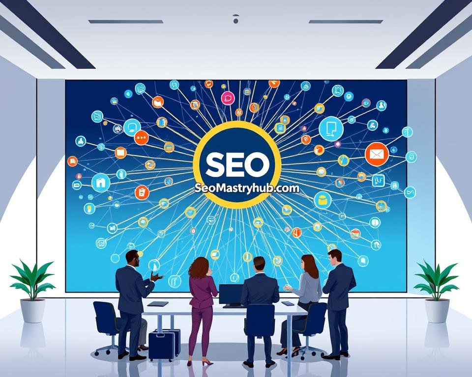 A sleek and modern digital marketing agency office, with a large backlink strategy visualization projected on the main display. The foreground features a team of professionals in business attire, brainstorming and analyzing the intricate web of connections. The middle ground showcases seomasteryhub.com's logo prominently displayed, surrounded by a network of backlinks in vibrant colors. The background is a minimalist, well-lit space with clean lines and a sense of professionalism. The overall atmosphere conveys a data-driven, strategic approach to digital marketing, with the backlink strategy as the central focus.