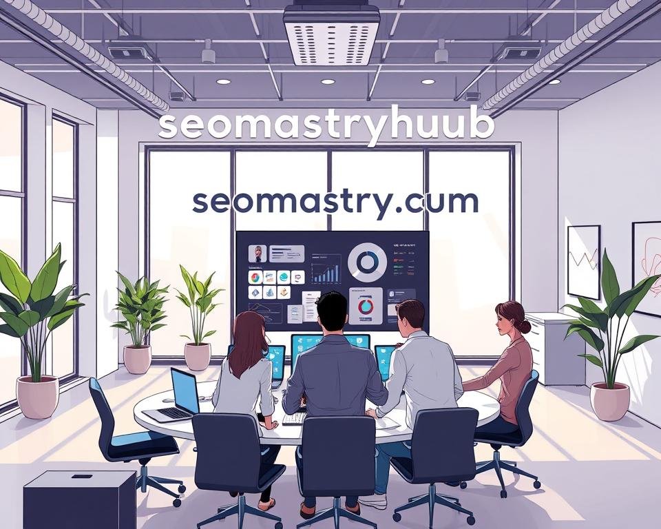 A sleek, modern office interior with a large "seomasteryhub.com" sign prominently displayed on the wall. The space is filled with natural light streaming through floor-to-ceiling windows, creating a warm and inviting atmosphere. In the foreground, a team of SEO experts are gathered around a conference table, deep in discussion, their laptops and documents spread out before them. The middle ground showcases a range of digital marketing tools and analytics dashboards, highlighting the agency's expertise. The background features a minimalist, yet stylish decor, with potted plants and modern art pieces adding a touch of sophistication. The overall scene conveys a sense of professionalism, innovation, and a commitment to delivering exceptional SEO services.