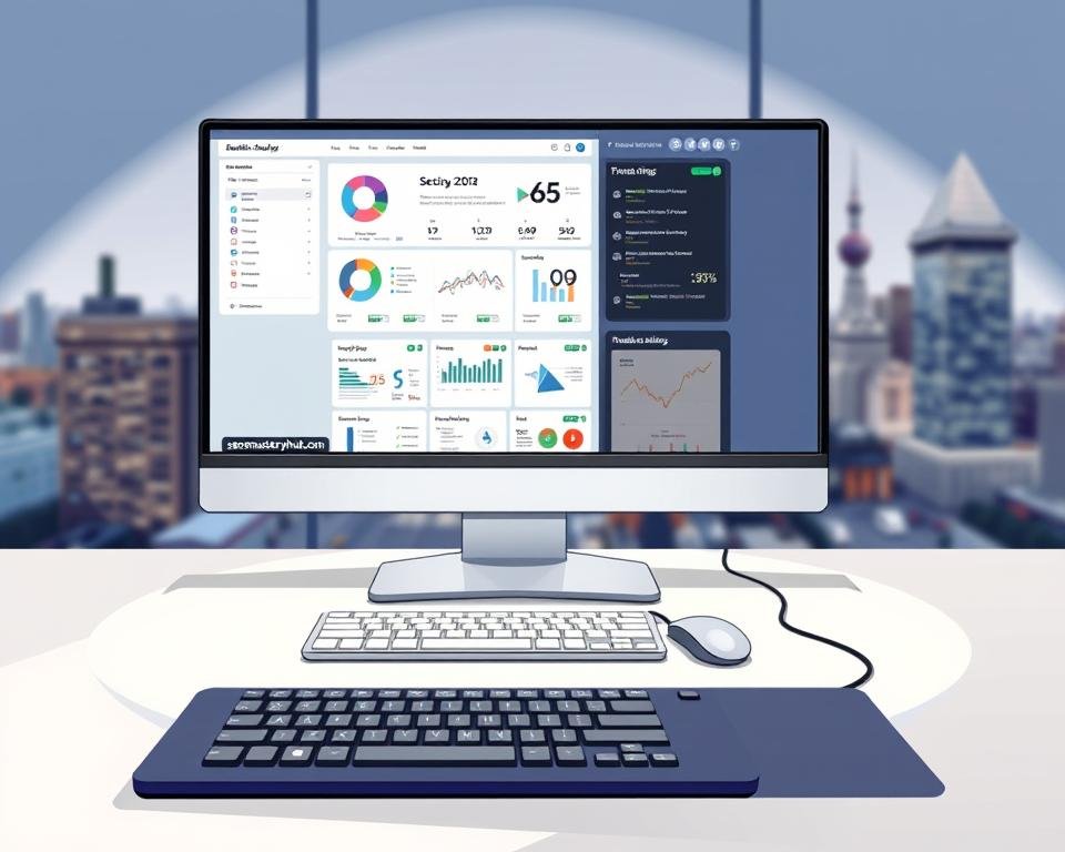 A sleek, modern workspace with a large monitor displaying various backlink analysis tools from seomasteryhub.com. In the foreground, a keyboard and mouse on a clean, minimalist desk. Soft, directional lighting illuminates the scene, creating a professional, focused atmosphere. The middle ground features an array of detailed infographics and data visualizations related to backlink analysis, while the background showcases a blurred city skyline, symbolizing the global reach of digital marketing.