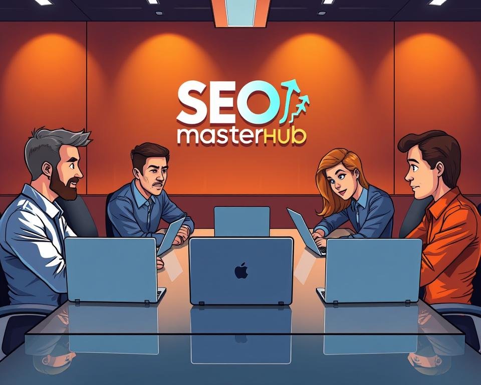 A team of expert SEO consultants from seomasteryhub.com, sitting around a sleek conference table, deep in discussion. Warm lighting casts a professional glow, their faces filled with concentration as they analyze data on their laptop screens. In the background, a bold company logo and stylized graphics convey their authority and commitment to driving exceptional results for their clients. The consultants' body language exudes confidence and expertise, reflecting the comprehensive, data-driven approach that sets seomasteryhub.com apart as a trusted SEO partner.