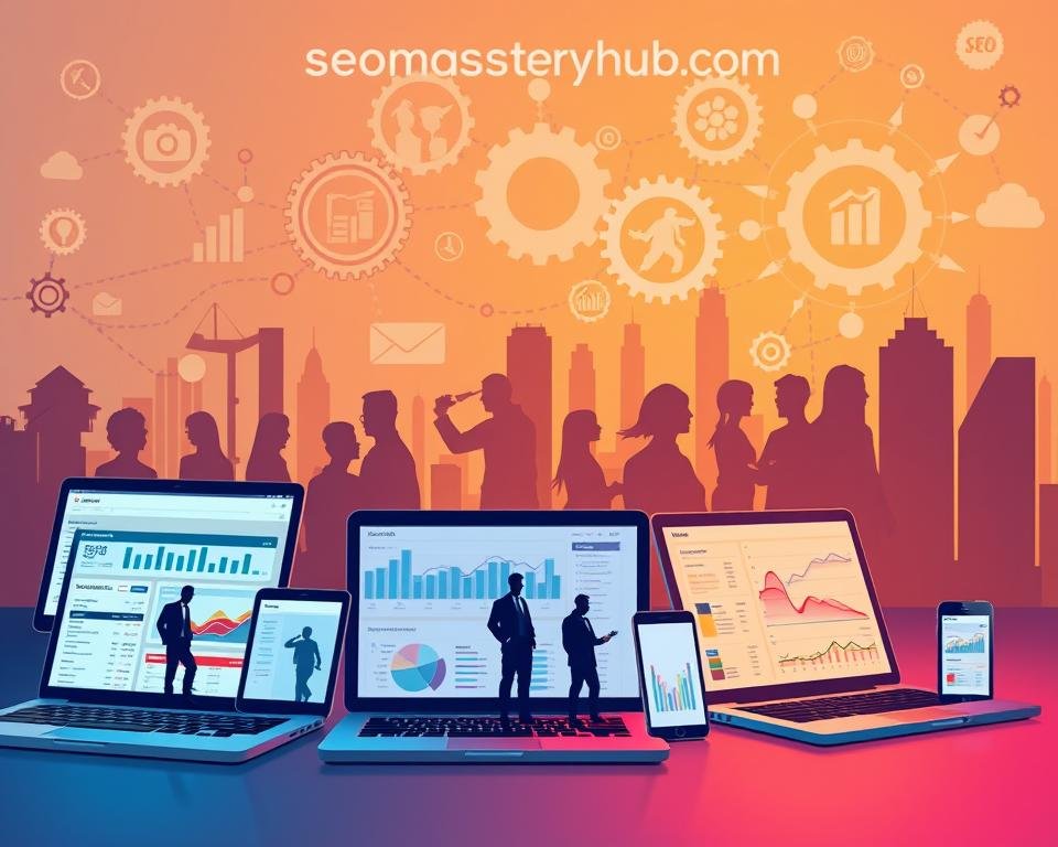 A vibrant and dynamic visual representation of "SEO Strategies for Different Industries" against a backdrop of the seomasteryhub.com brand. In the foreground, a diverse array of digital devices - laptops, tablets, and smartphones - showcasing various industry-specific SEO dashboards and analytics. The middle ground features silhouetted business icons representing different sectors, each with unique SEO needs. In the background, a network of interconnected gears and data visualizations, symbolizing the intricacies of tailored SEO strategies. Warm lighting illuminates the scene, conveying a sense of expertise, innovation, and seamless integration. The overall composition strikes a balance between the technical and the approachable, inviting the viewer to explore the nuances of SEO for diverse industries.