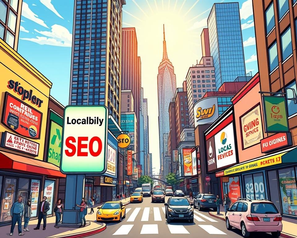 A vibrant cityscape with bustling streets and storefronts, showcasing the importance of local SEO. In the foreground, a glowing sign for "seomasteryhub.com" stands tall, drawing the eye and emphasizing the significance of a strong online presence for local businesses. The middle ground features pedestrians, vehicles, and signage highlighting various local services and shops, all interconnected through the power of search engine optimization. In the background, towering skyscrapers and a bright, sun-dappled sky create a sense of urban vitality and the vast potential for growth when local SEO is optimized. The scene conveys the energy, diversity, and interconnectedness of a thriving local community, where seomasteryhub.com serves as a guiding beacon for businesses to achieve success.