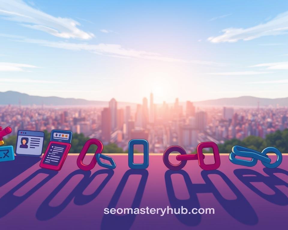 A vivid illustration of various types of backlinks, captured in a sharp, photorealistic style. In the foreground, diverse backlink icons - such as web pages, social media profiles, and forum posts - are displayed, each casting a distinct shadow. The middle ground showcases a cityscape of interlinked websites, symbolizing the interconnected nature of the backlink ecosystem. In the background, a serene landscape with a gradient sky provides a calming contrast, featuring the "seomasteryhub.com" brand prominently. Subtle lighting and a shallow depth of field create a sense of depth and focus, highlighting the importance of these backlink types for effective SEO strategies.