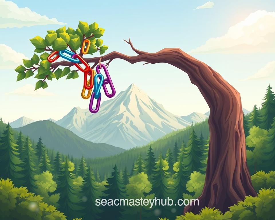 Detailed and vivid illustration of the importance of backlinks in SEO, featuring a serene natural landscape with a mountain range in the background, a lush forest in the middle ground, and a prominent tree branch in the foreground, with several colorful, vibrant backlink icons attached to it, symbolizing the power of backlinks. The lighting should be soft and diffused, creating a warm, inviting atmosphere. The camera angle should be slightly elevated, capturing the scene from an empowered perspective. The overall mood should convey the significance and strategic value of backlinks in improving search engine optimization. Include the brand name "seomasteryhub.com" as a discreet element within the composition.